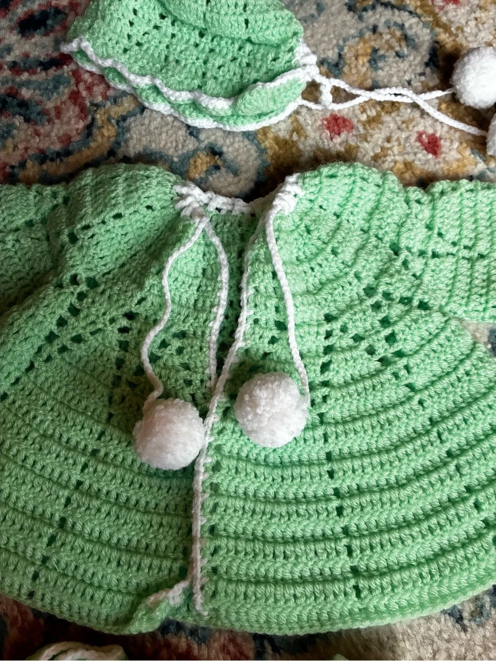 Hand-Crocheted Mint Green Baby Sweater, Bonnet & Booties Set (3-6 months)